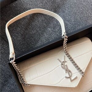 Yves Saint Laurent Cream Croc-Embossed Shoulder Bag